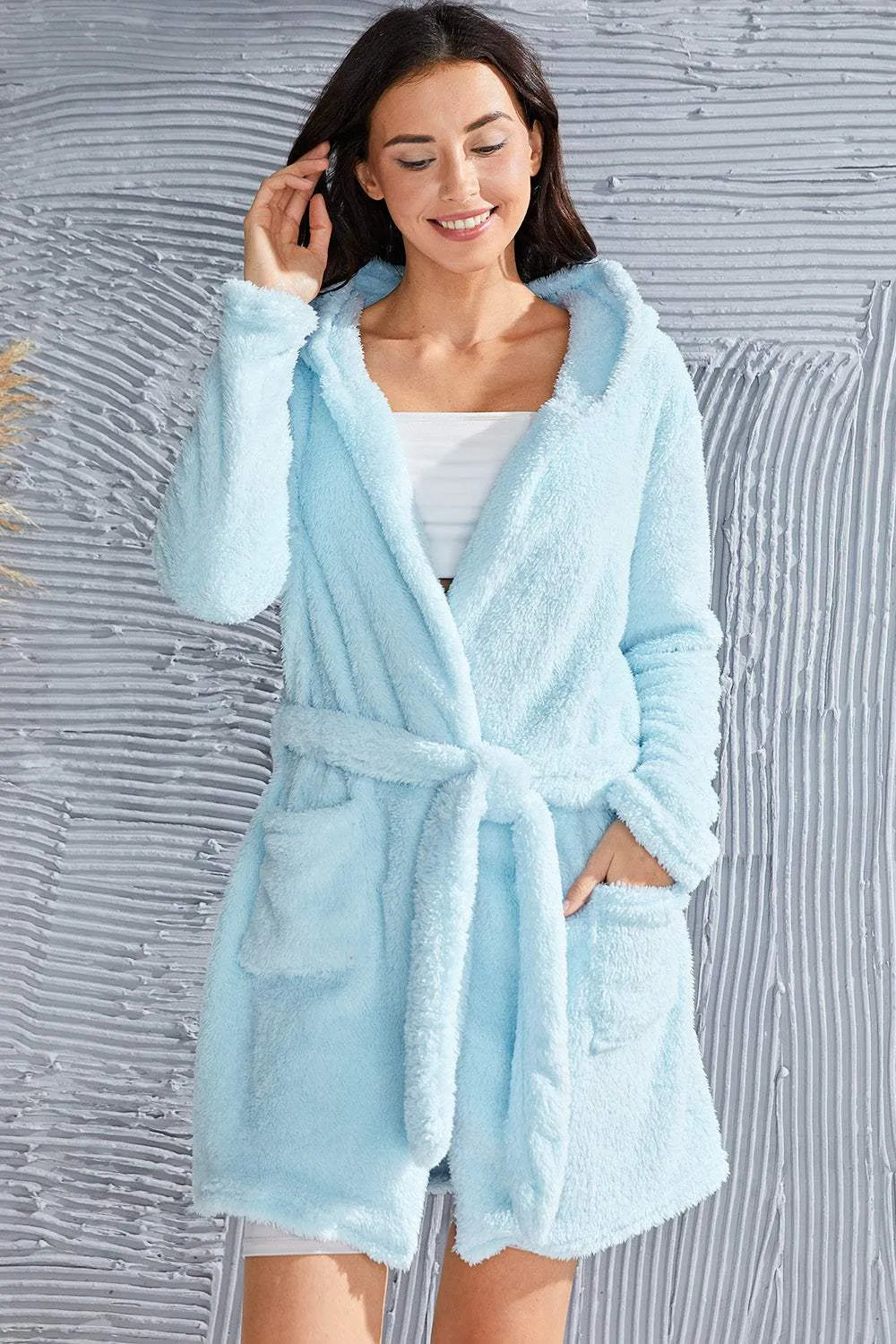 Fuzzy Tied Pocketed Hooded Lounge Nightgown Pastel Blue Sleep Dresses - Tophatter Daily Deals